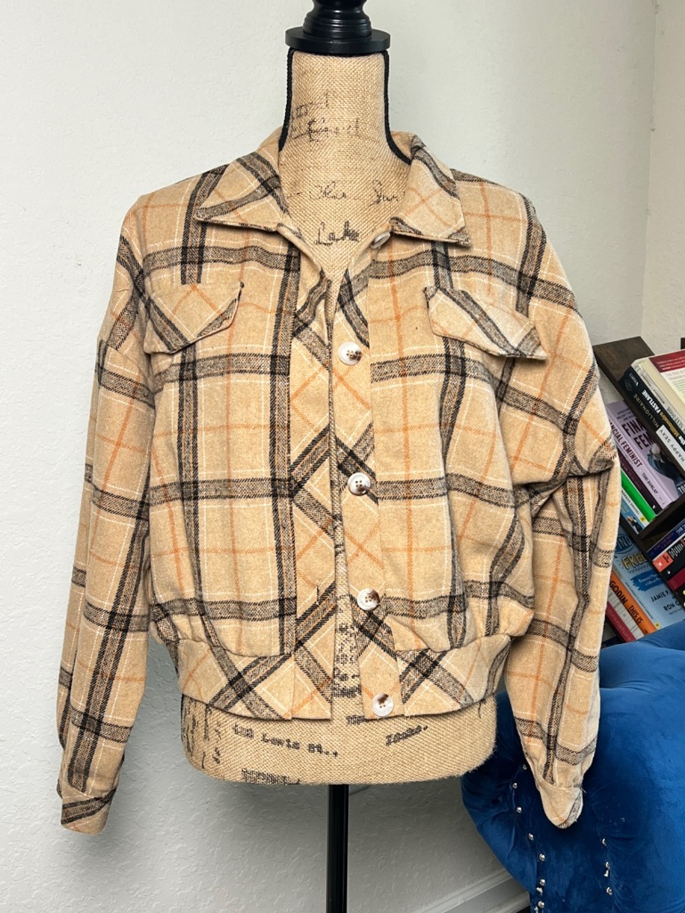 Beige Plaid Button-Front Women's Jacket